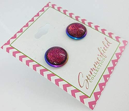 Summerfield Collection Rainbow Stainless Steel Metallic Glitter Glass Stud Earrings Hand-painted 12mm (Pink)