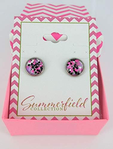 Summerfield Collection Stainless Steel Pink Purple White Black Glitter Glass Stud Earrings Hand-painted 10mm