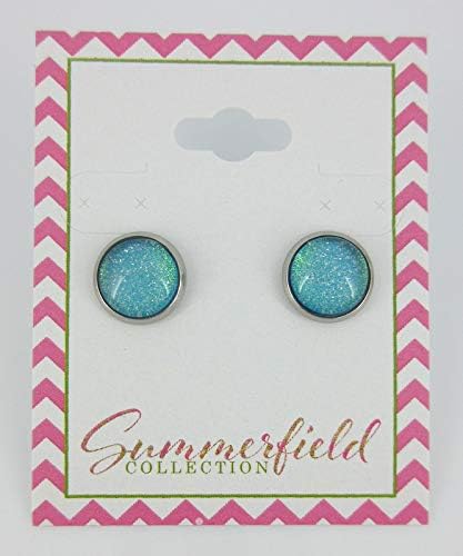 Summerfield Collection Stainless Steel Ocean Green Blue Glitter Glass Stud Earrings Hand-painted 10mm