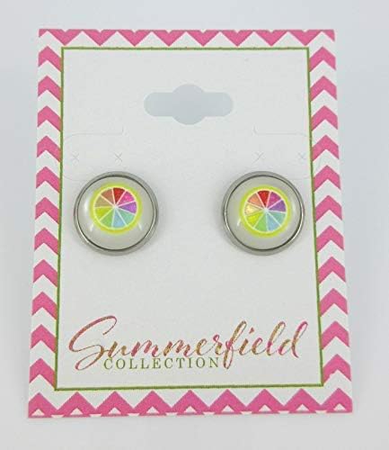 Summerfield Collection Stainless Steel Fruit Print Frosted Resin Stud Earrings 12mm (Rainbow Sliced Lemon)
