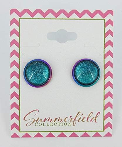 Summerfield Collection Rainbow Stainless Steel Metallic Glitter Glass Stud Earrings Hand-painted 12mm (Aqua Blue)