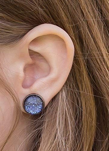Summerfield Collection Stainless Steel Purple Glitter Glass Galaxy Stud Earrings Hand-painted 12mm