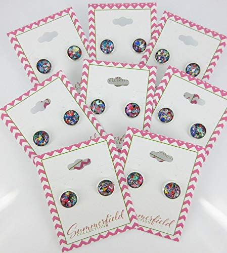 Summerfield Collection Silver-tone Black and Multi-Color Confetti Glitter Glass Stud Earrings Hand-painted 10mm