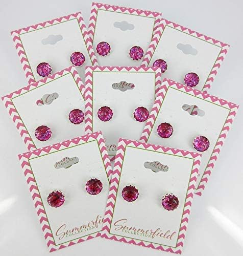 Summerfield Collection Silver-tone Hot Pink Glitter Glass Stud Earrings Hand-painted 10mm