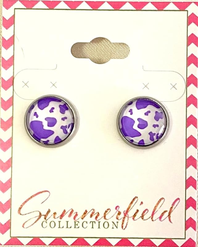 Summerfield Collection Stainless Steel Cow Animal Print Glass Stud Earrings 12mm Black (Purple)