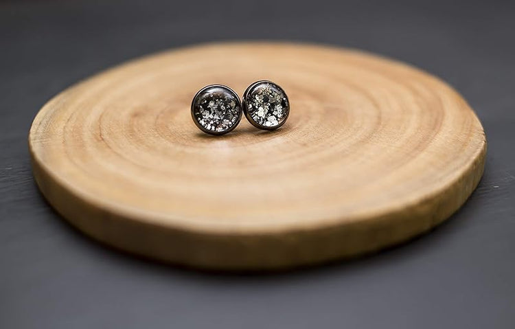 Summerfield Collection Stainless Steel Silver and Black Glitter Glass Stud Earrings Hand-painted 12mm