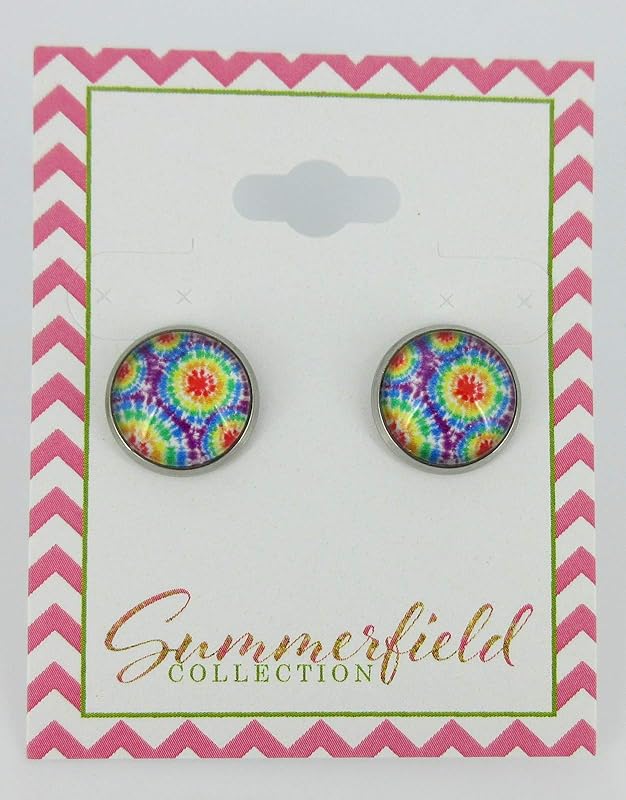 Summerfield Collection Stainless Steel Tie Dye Print Glass Stud Earrings 12mm (Rainbow)