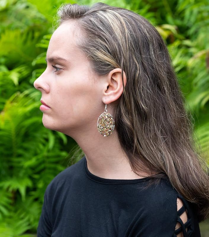 Summerfield Collection Silver-tone Glitter Faux Leather Oval Dangle Earrings (Gold and Rainbow)