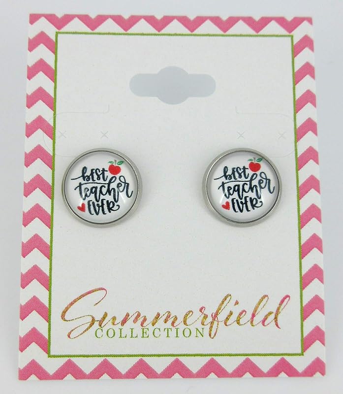 Summerfield Collection Stainless Steel Teacher Print Glass Stud Earrings 12mm (Best Teacher Ever/Apple)