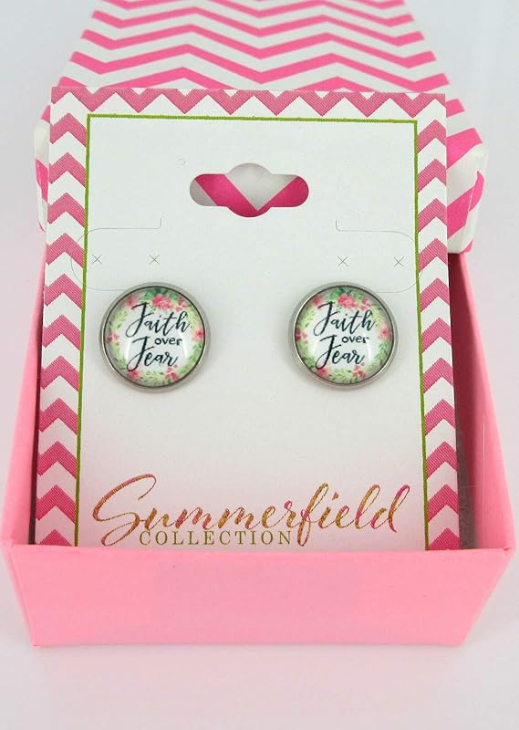 Summerfield Collection Stainless Steel Faith Over Fear Print Glass Stud Earrings 12mm