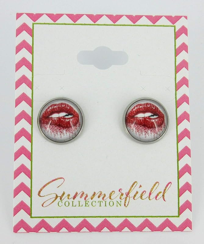 Summerfield Collection Stainless Steel Lip Bite Print Glass Stud Earrings 12mm White Red Lipstick