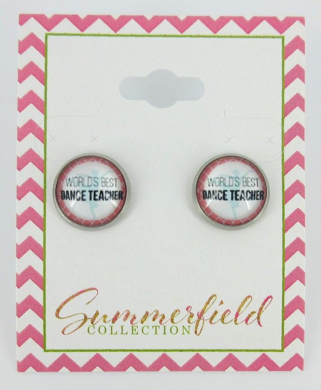 Summerfield Collection Stainless Steel Teacher Print Glass Stud Earrings 12mm (World's Best Dance Teacher)