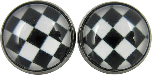 Summerfield Collection Stainless Steel Black and White Checkerboard Print Glass Stud Earrings 12mm