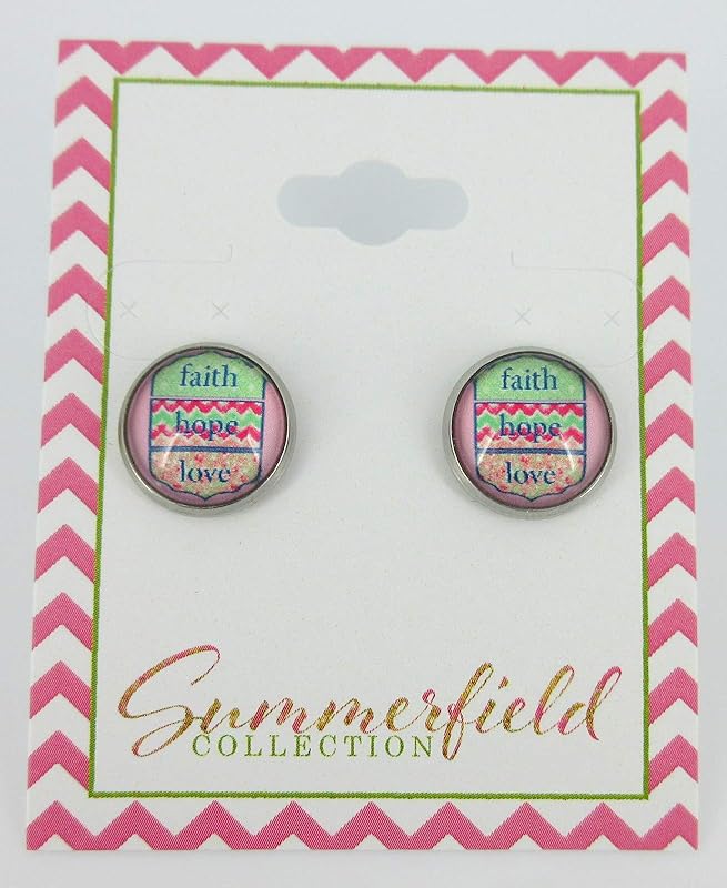 Summerfield Collection Stainless Steel Faith Hope Love Print Glass Stud Earrings 12mm