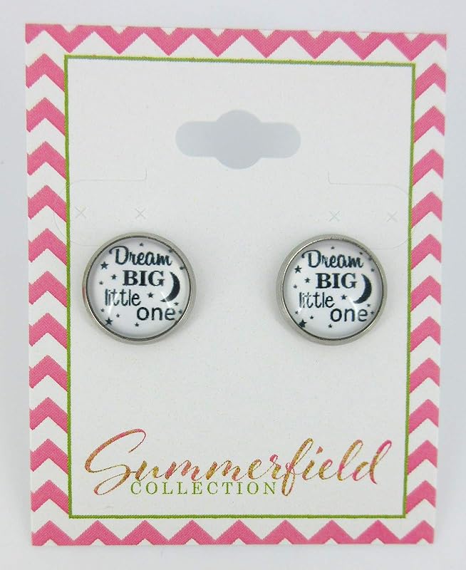 Summerfield Collection Stainless Steel Dream Big Little One Print Glass Stud Earrings 12mm