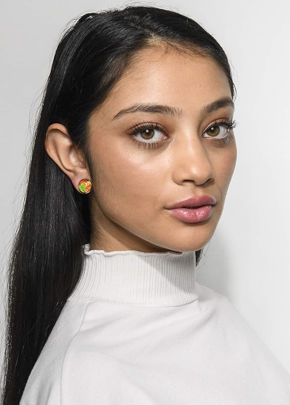 Summerfield Collection Stainless Steel Fall Leaves Green Orange Yellow Print Glass Stud Earrings 12mm