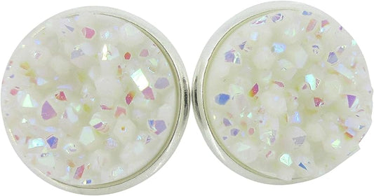 Summerfield Collection Silver-tone Solid AB Faux Druzy Stone Stud Earrings 12mm (White)