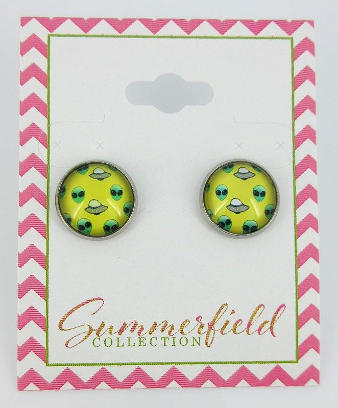 Summerfield Collection Stainless Steel Yellow and Neon Green Alien UFO Print Glass Stud Earrings 12mm