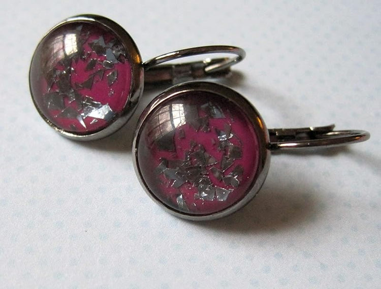 Summerfield Collection Hematite-tone Plum Berry Purple Flake Glitter Glass Lever-back Drop Earrings Hand-painted