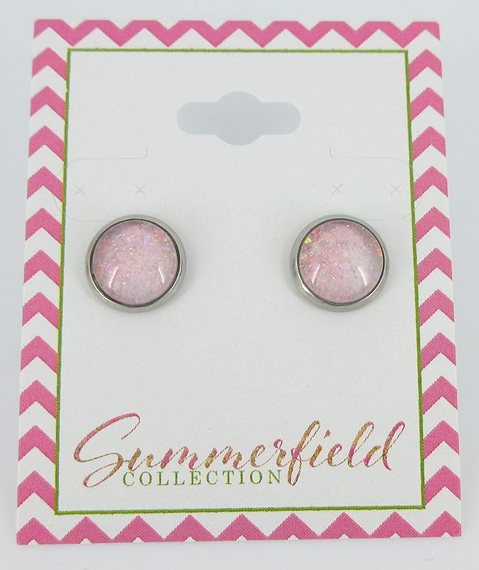Summerfield Collection Stainless Steel Pale Pink and Iridescent Glitter Glass Stud Earrings Hand-painted 10mm