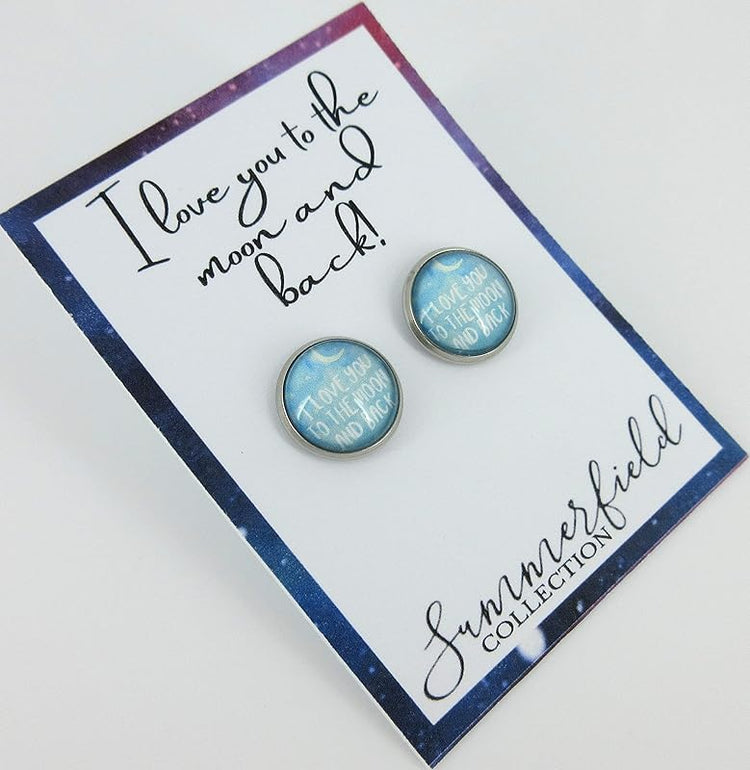 Summerfield Collection Stainless Steel I Love You to the Moon and Back Print Glass Stud Earrings 12mm (Sky Blue)