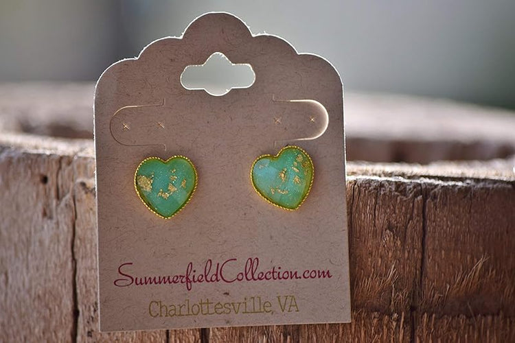 Summerfield Collection Gold-tone Heart Shaped Faceted Resin Leaf Foil Stud Earrings 12mm (Mint Green)