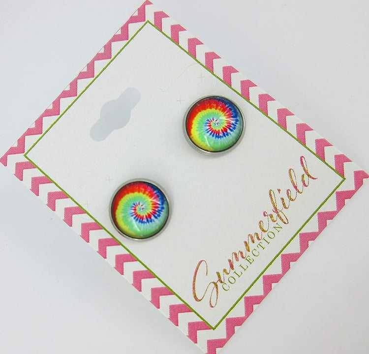Summerfield Collection Stainless Steel Tie Dye Print Glass Stud Earrings 12mm (Aqua/Royal Swirl)