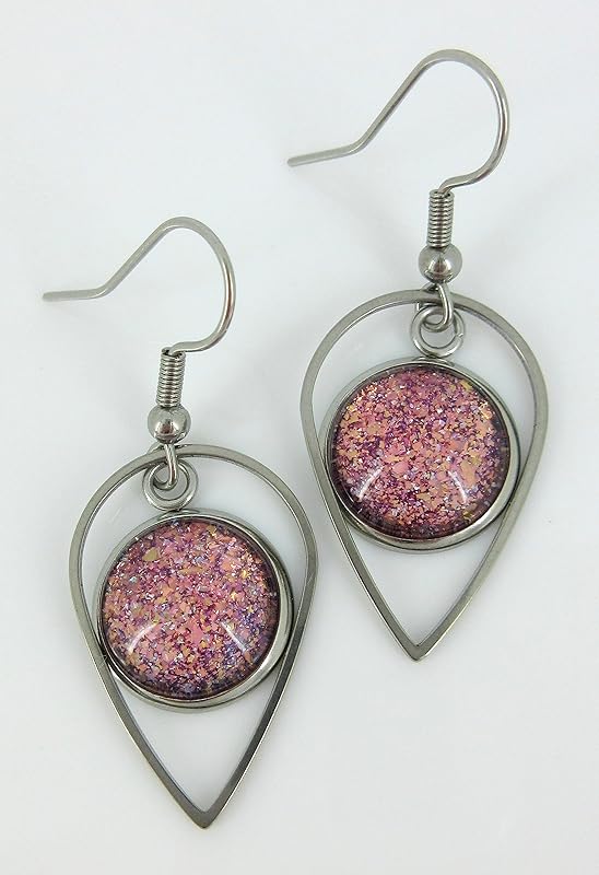 Summerfield Collection Stainless Steel Purple and Pink Glitter Flake Glass Charm Dangle Earrings Handpainted
