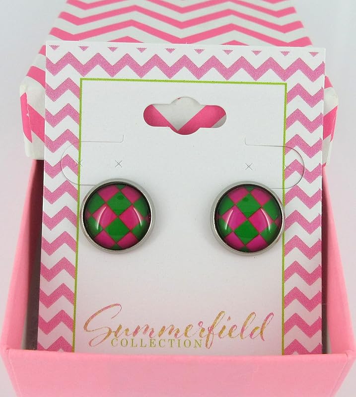 Summerfield Collection Stainless Steel Checkerboard Print Glass Stud Earrings 12mm (Pink and Green)