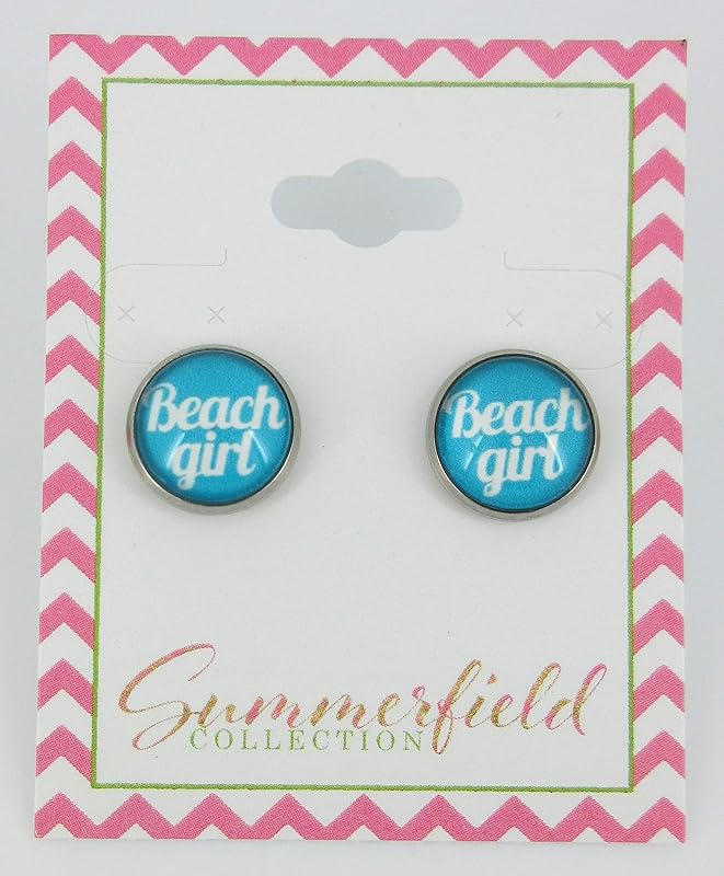 Summerfield Collection Stainless Steel Print Glass Stud Earrings 12mm (Beach Girl)