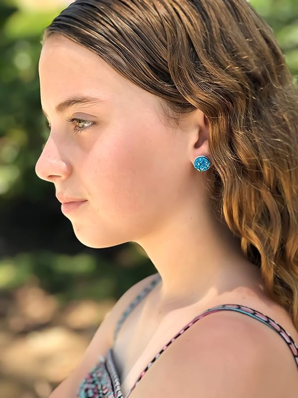 Summerfield Collection Trio Silver-tone White AB Blue Stud Earrings 12mm Faux Druzy Stone Set