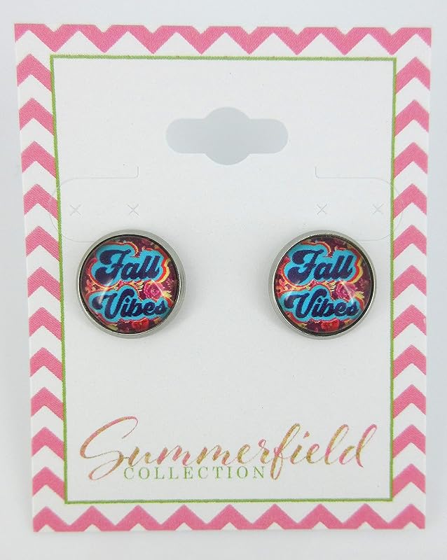 Summerfield Collection Stainless Steel Fall Vibes Print Glass Stud Earrings 12mm