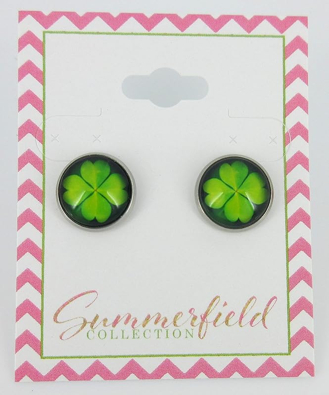 Summerfield Collection Stainless Steel Lucky 4 Leaf Clover Print Glass Stud Earrings 12mm