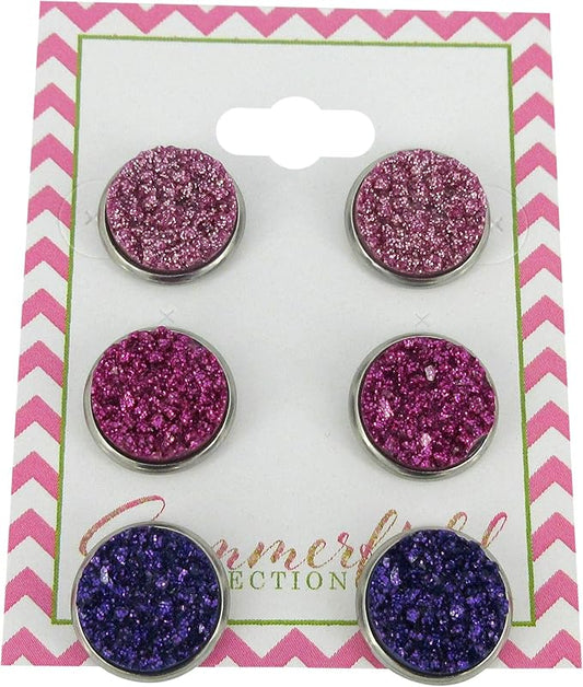 Summerfield Collection Trio Stainless Steel Glitter Faux Druzy Stone Stud Earrings Set 12mm (Pink/Purple)