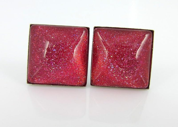 Summerfield Collection Stainless Steel Coral Glitter Glass Stud Earrings Hand-painted Square 10mm