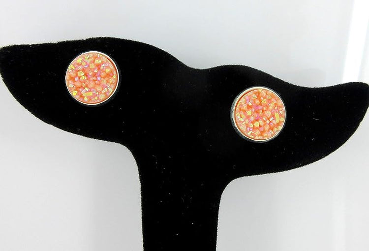 Summerfield Collection Peaches and Green Trio Silver-tone Stud Earrings 12mm Nude Coral AB Faux Druzy Stone Set
