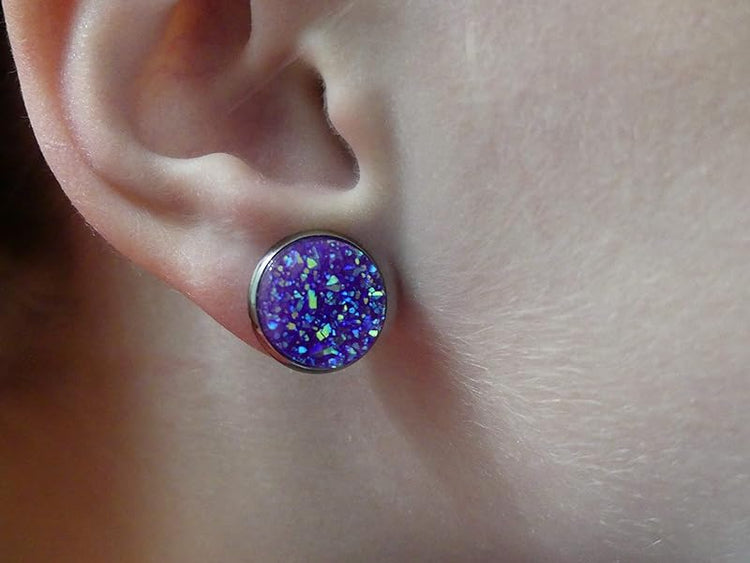 Summerfield Collection Hematite-tone Faux Druzy Stone Stud Earrings 12mm (Purple AB)