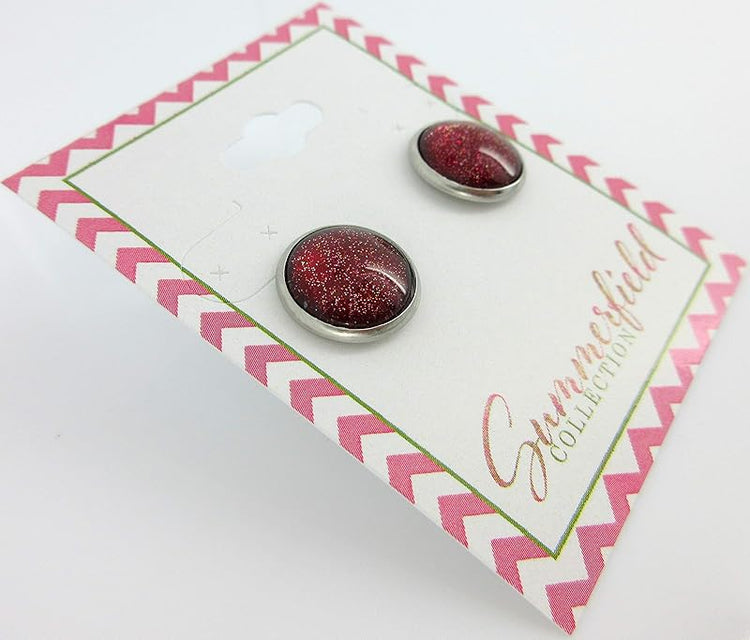 Summerfield Collection Stainless Steel Red with Gold Glitter Glass Stud Earrings Hand-painted 12mm