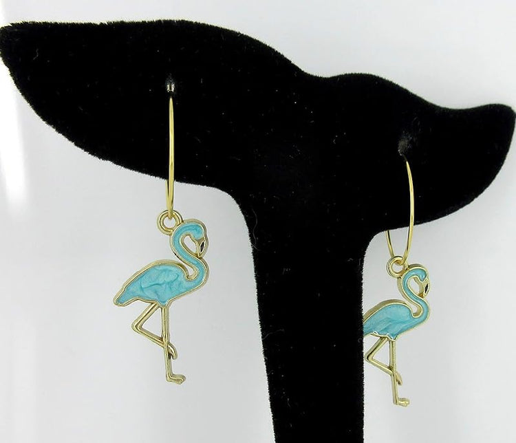 Summerfield Collection Gold Stainless Steel Teal Green Blue Flamingo Charm Hoop Earrings
