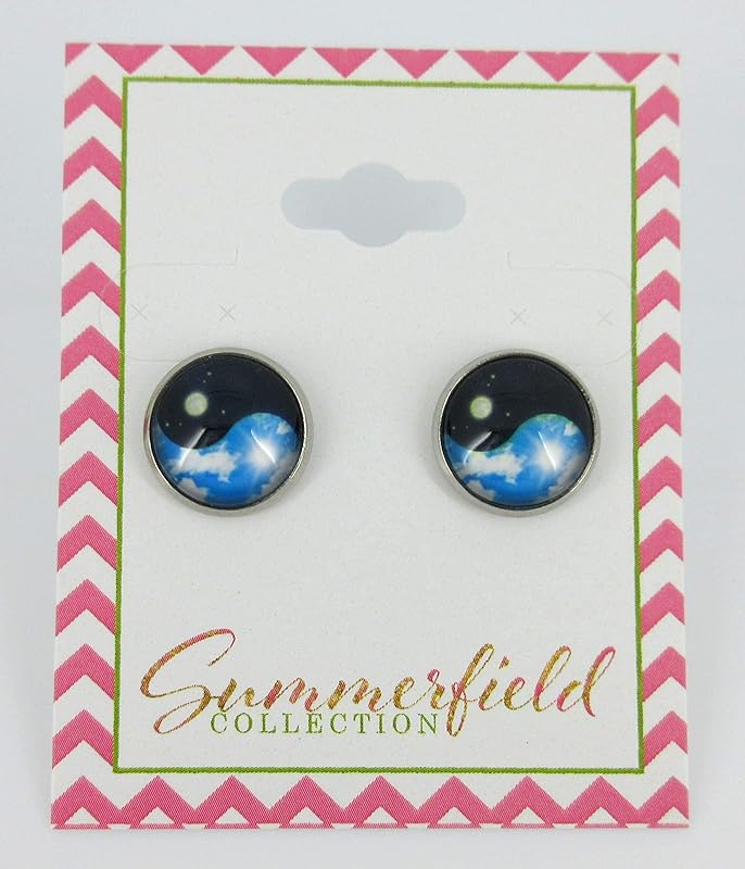 Summerfield Collection Stainless Steel Sky Blue and Black Day Night Yin Yang Print Glass Stud Earrings 12mm