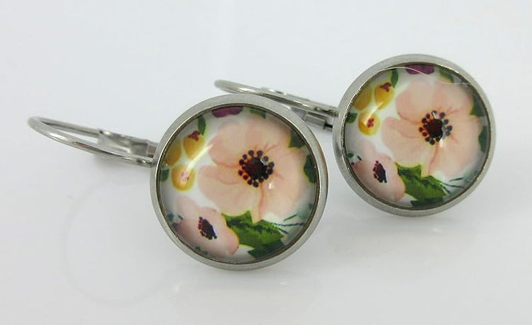 Summerfield Collection Stainless Steel Pink Flower Printed Glass Lever-back Drop Earrings 12mm