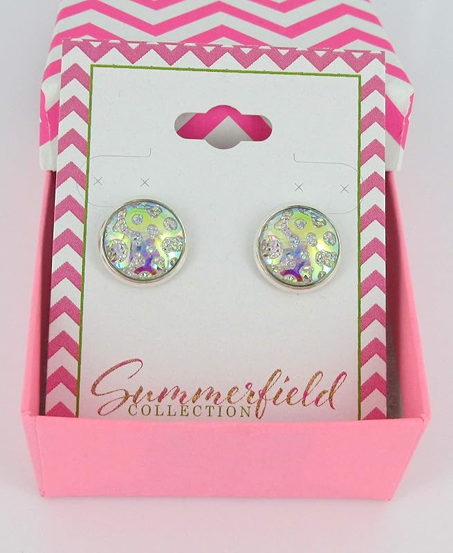 Summerfield Collection Silver-tone Clear AB Frosted Metallic Rainbow Stud Earrings 12mm