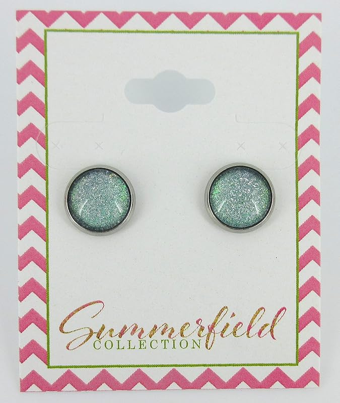 Summerfield Collection Stainless Steel Green with Holographic Glitter Glass Stud Earrings Hand-painted 10mm