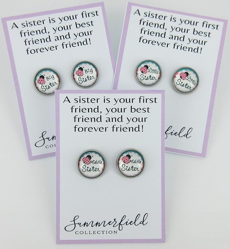 Summerfield Collection Stainless Steel Sister Print Glass Stud Earrings 12mm (Big Sister)