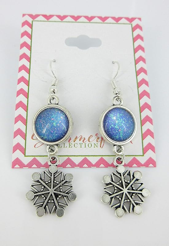 Summerfield Collection Antiqued Silver-tone Blue Purple Glitter Glass Dangle Earrings Snowflake Charm Hand-painted