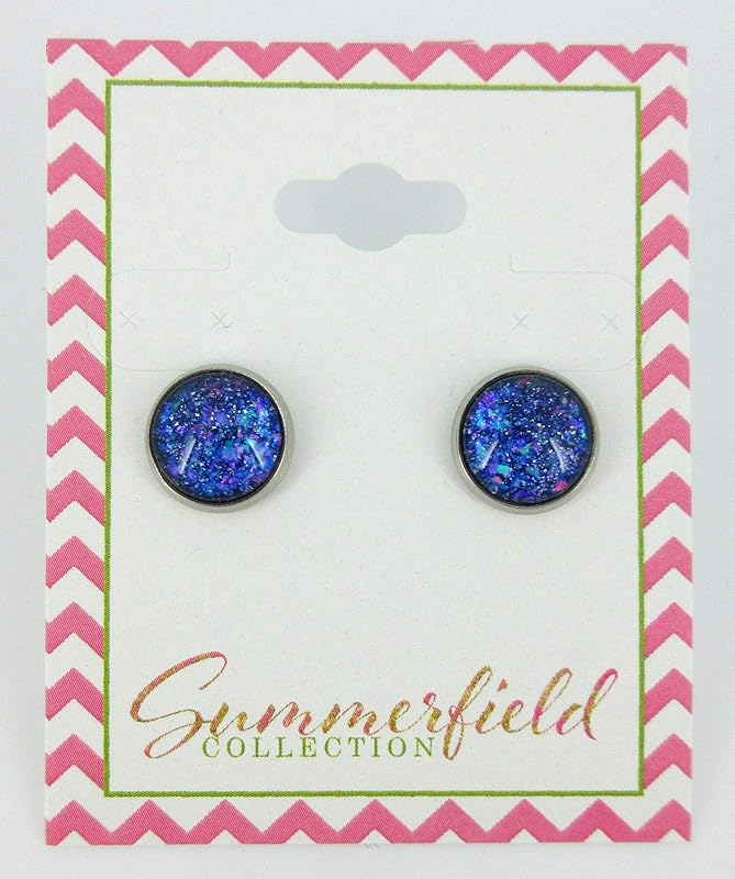 Summerfield Collection Stainless Steel Blue Purple Pink Glitter Glass Stud Earrings Hand-painted 10mm