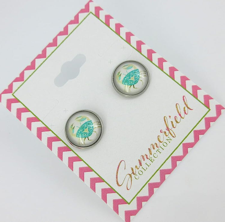 Summerfield Collection Stainless Steel Blue Crab Print Glass Stud Earrings 12mm