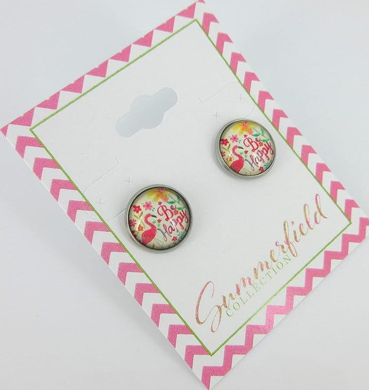 Summerfield Collection Stainless Steel Be Happy Flamingo Print Glass 12mm Stud Earrings