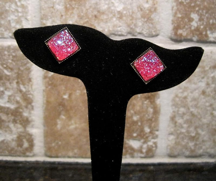 Summerfield Collection Geometric Square Shaped Flat Faux Druzy Stud Earrings 12mm Statement Antiqued Gold-tone (Hot Pink)