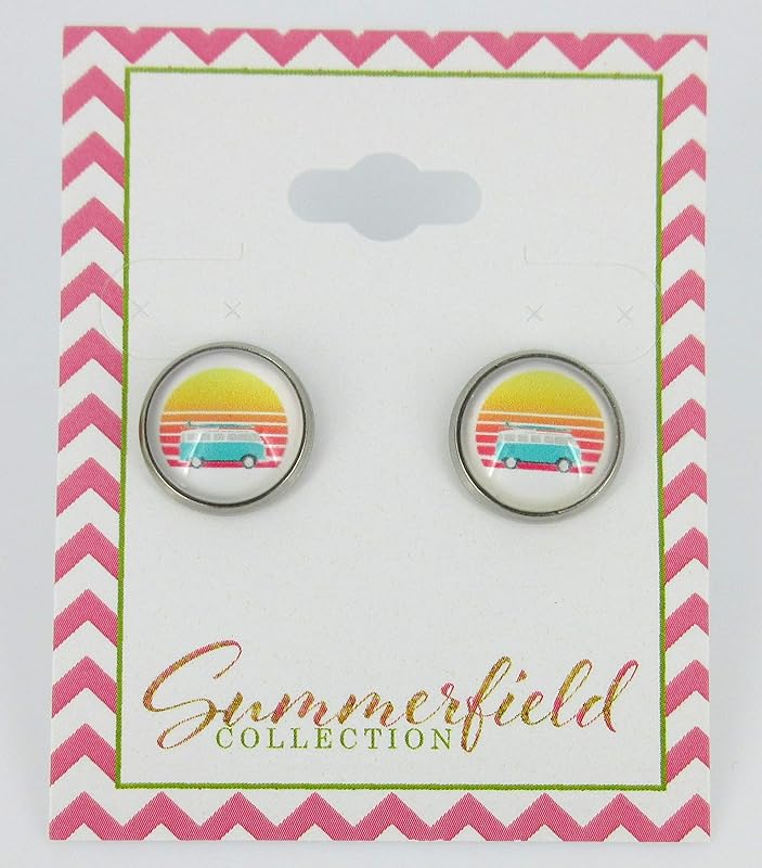 Summerfield Collection Stainless Steel Vintage Camper Sunset Print Glass Stud Earrings 12mm